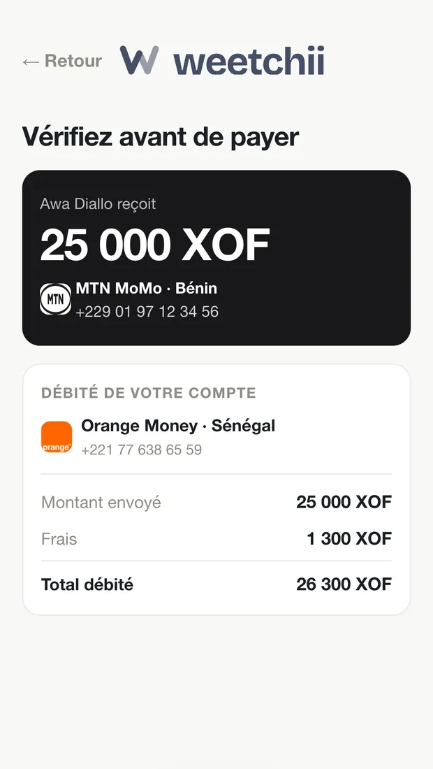 Écran de vérification avant paiement