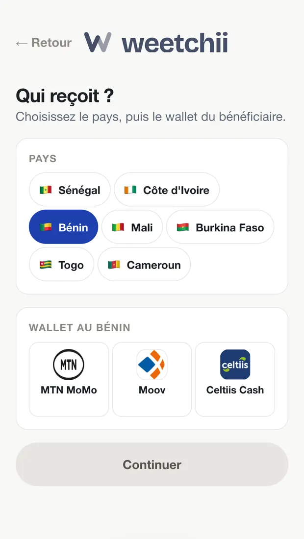L'écran de Weetchii où l'on choisit le pays et le wallet du bénéficiaire