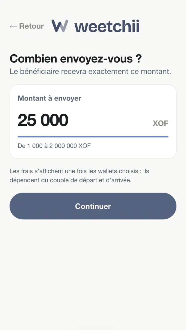 Écran de saisie du montant à envoyer