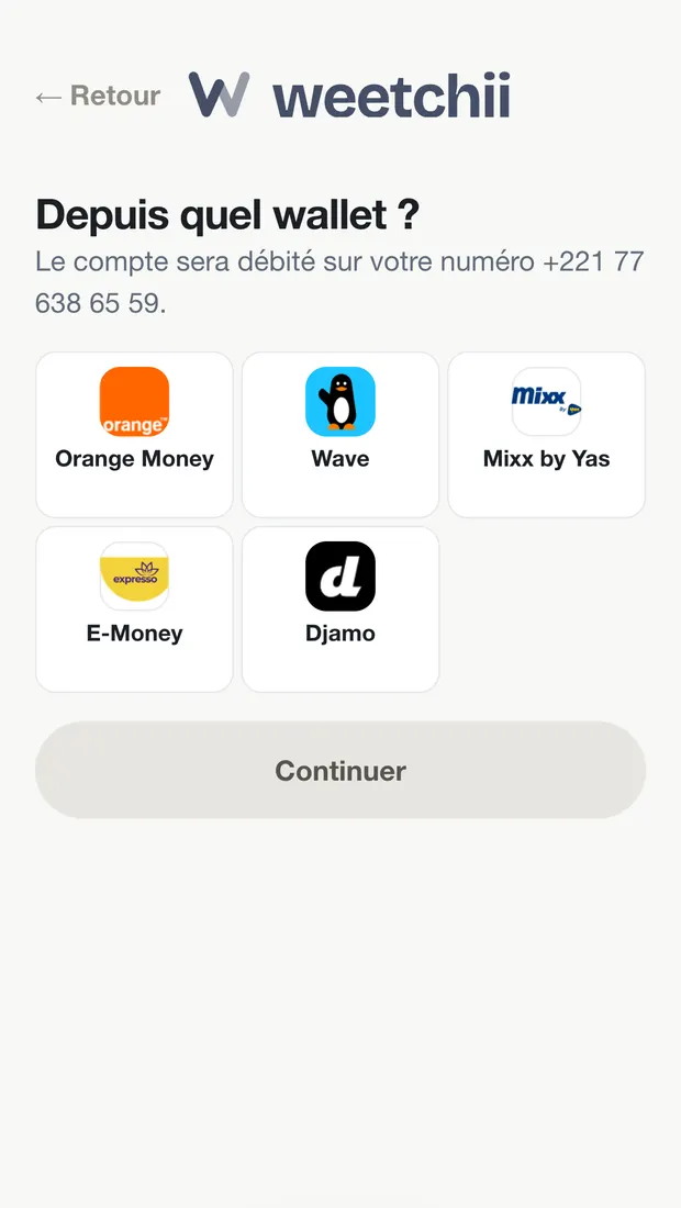 Écran de choix du wallet à débiter